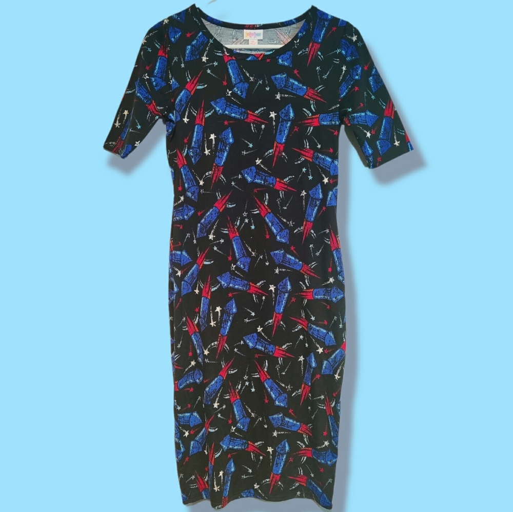 Lularoe Julia XS Patriotic Red White Blue Fireworks Bodycon Dress - Picture 1 of 4